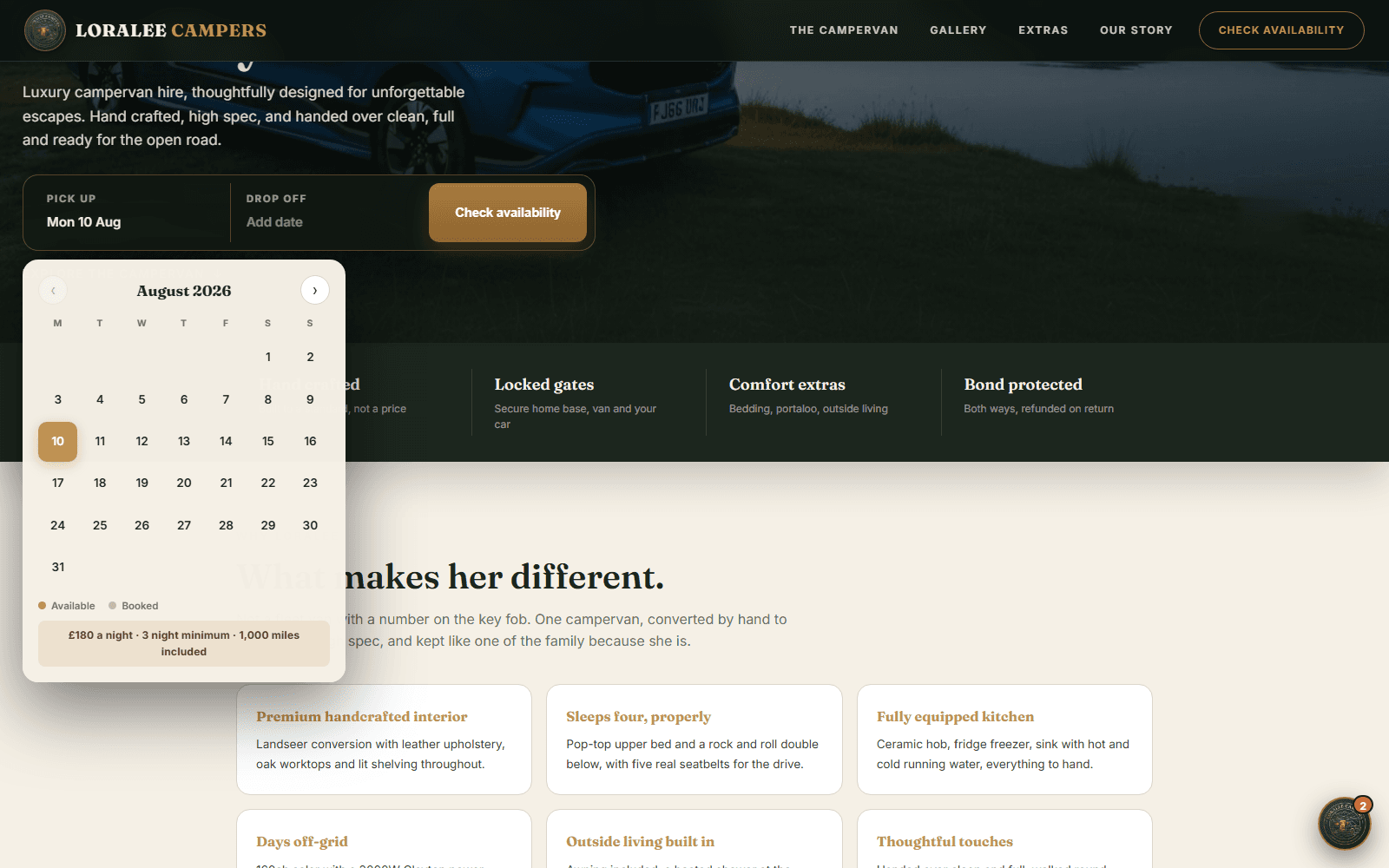 The live LoraLee Campers booking flow on desktop, a pick-up date selected in the real availability calendar